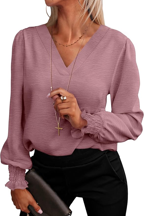 ANRABESS Women's Business Casual Tops V Neck Puff Long Sleeve Shirts Dressy Office Work Blouse 2026 Fall Outfits Clothes