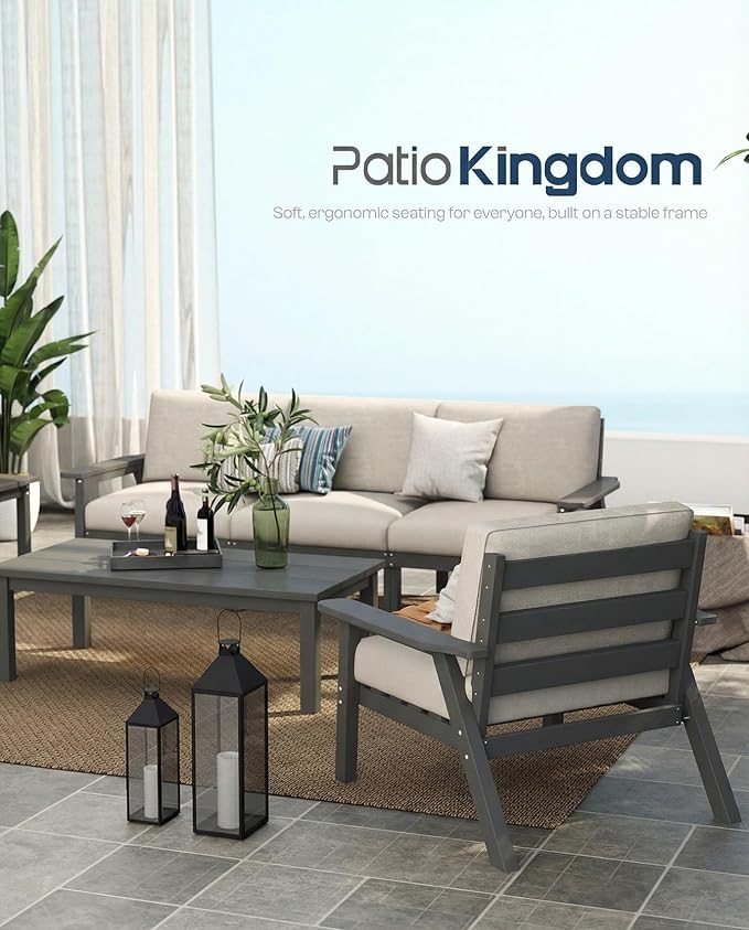 Patio Kingdom Patio Furniture Set with Washable Thick Beige Cushions, HDPE Outdoor Couch, All-Weather Outdoor Sectional Furniture, Patio Conversation Sets for Lawn, Garden, Porch (Grey Frame)