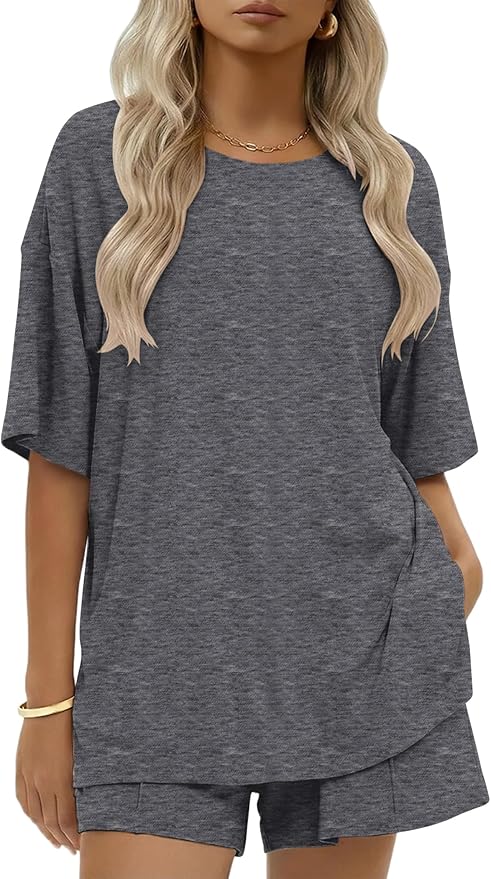 Ekouaer Womens 100% Cotton 2 Pieces Short Sets Summer Short Sleeve Outfits Casual Maching Lounge Set with Pockets