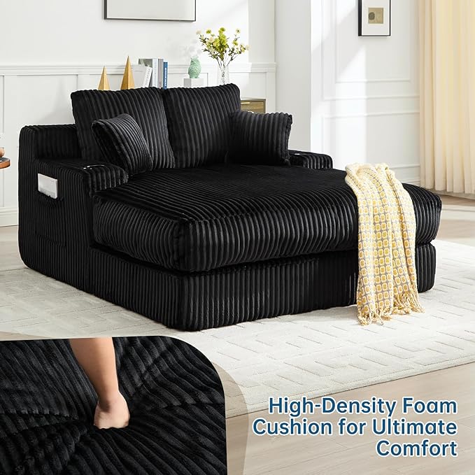 Asukale 60" Oversized Chaise Lounge Chair Indoor, Boneless Cloud Chair Bed with 4 Pillows & Armrests, No Assembly Corduroy Upholstered Sofa for Living Room, Bedroom, Apartment(Black)