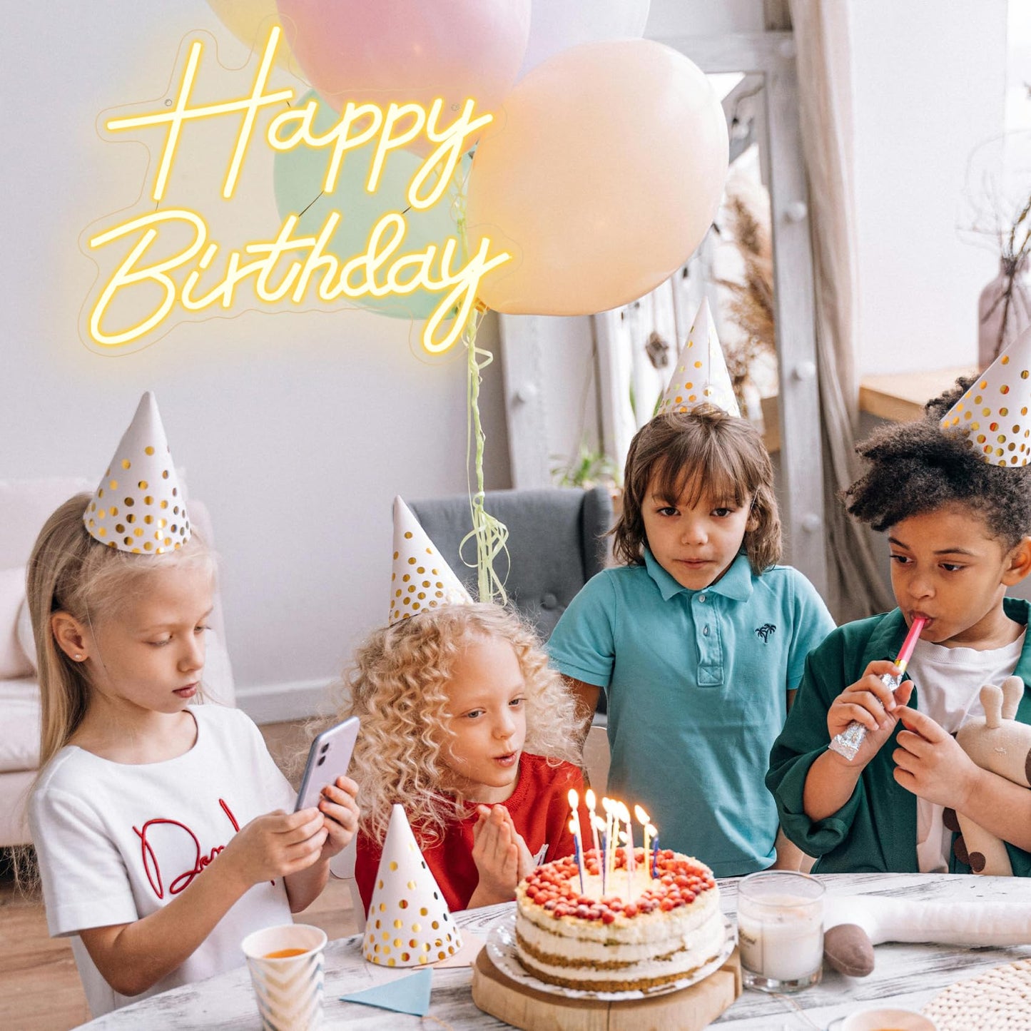 Happy Birthday Neon Sign for Backdrop, LED Happy Birthday Light Up Sign, USB Powered Dimmable Neon Light for Birthday Party Decorations Wall Decor, Warm White