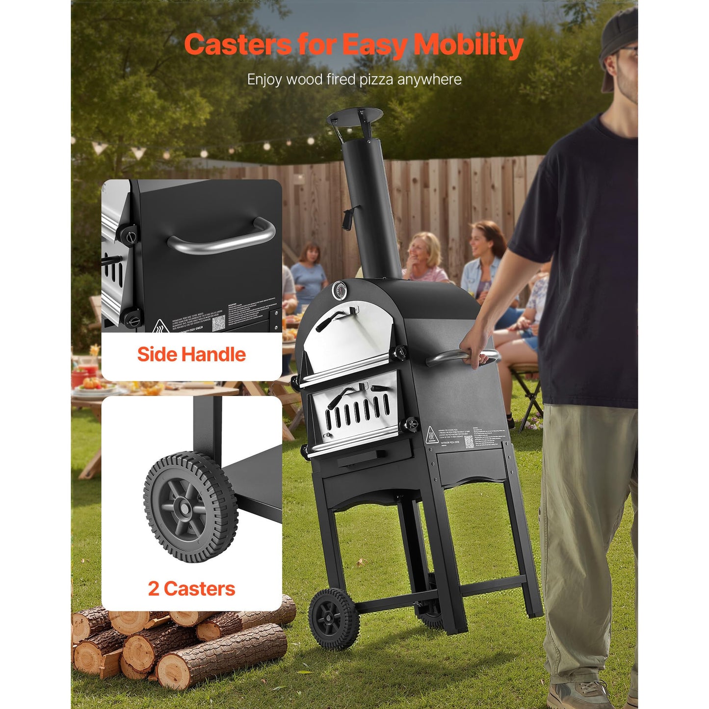 VEVOR Portable Outdoor Oven, 12-inch Stand Pizza Oven with Casters, Pellet & Chips & Charcoal & Firewood Four Fuel, Baked Paint Pizza Grill, Includes Pizza Stone, Pizza Shovel, for Camping & Backyard