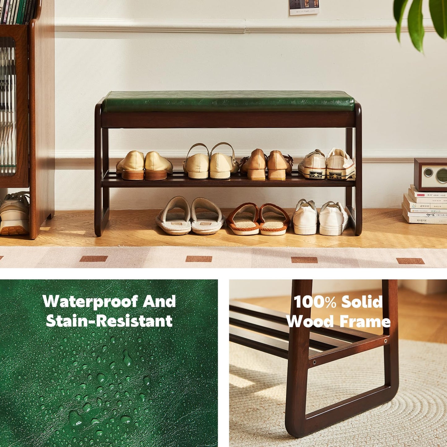 Solid Wood Shoe Bench, 2-Tier Wooden Storage Entryway Bench, Mid-Century Modern Shoe Bench Rack, End of Bed Bench with Faux Leather Cushion, Ottoman Bench for Hallway, Living Room (Walnut, 31.5'')