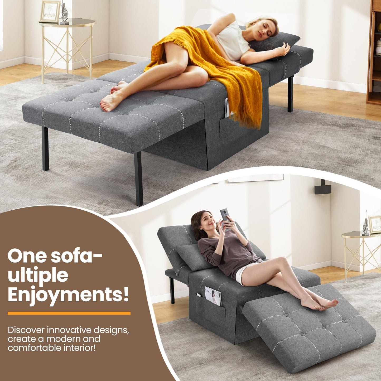 SEJOV 34'' Width Convertible Sleeper Chair, 4 in 1 Multi-Function Folding Ottoman Bed w/Adjustable Backrest & Pillow, Modern Large Single Recliner Assembly-Free Sofa Bed for Small Spaces, Dark Gray