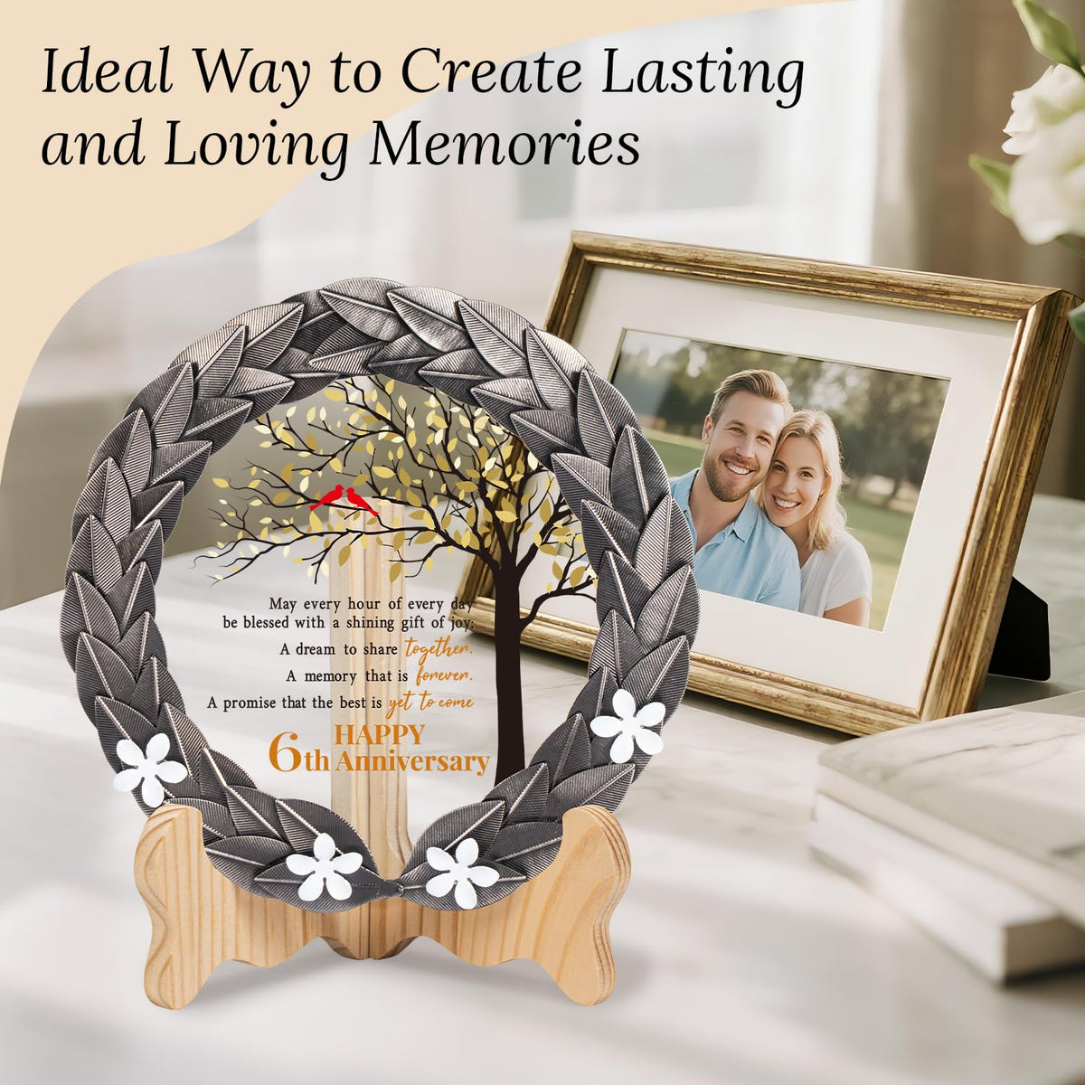 6th Anniversary Wedding Gifts Crystal Plate with Iron Leaf Wreath – 6 Years Iron Ideas for Couple or Parents – Cardinal Style