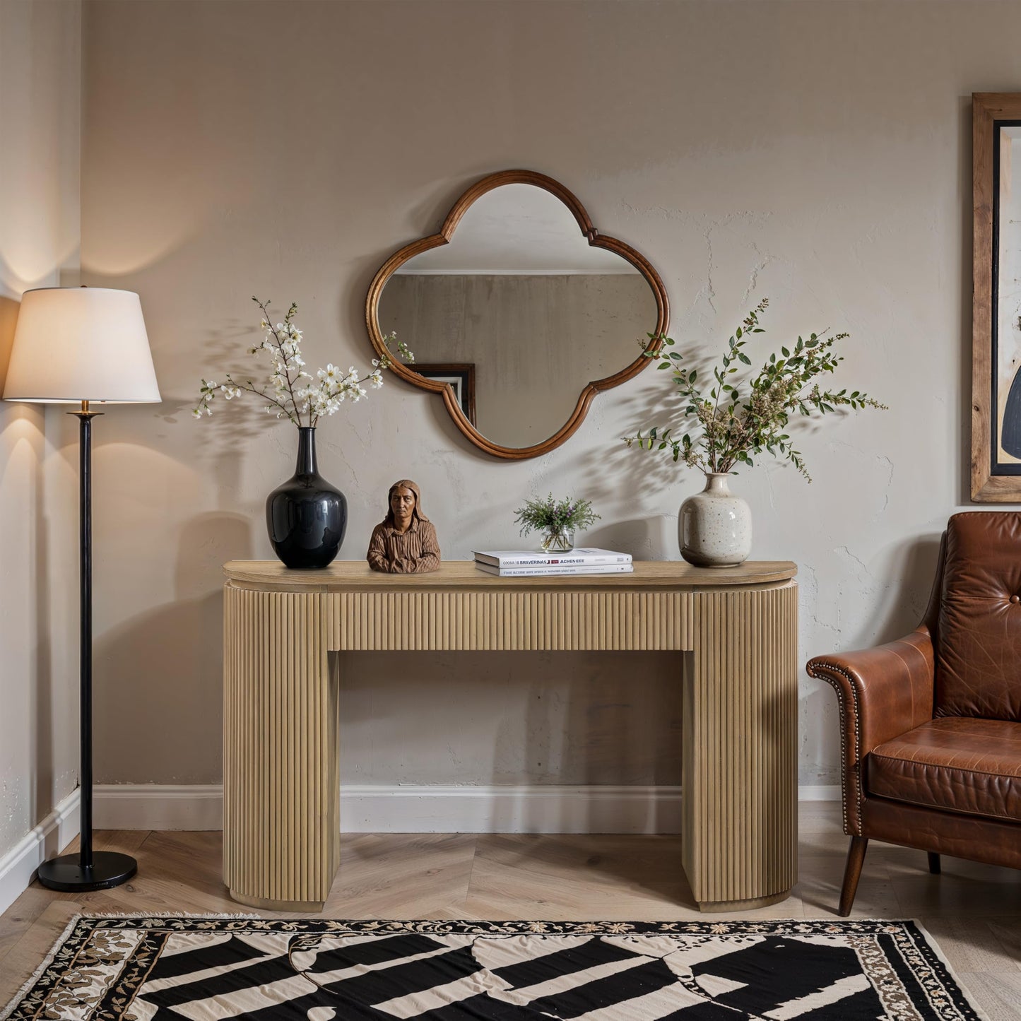 Meridian Furniture 818Oak-T Astrid Collection Modern | Contemporary Vanity/Desk/Console Table with Rich Natural Oak Finish, Solid Wood and Oak Veneer, Fluted Wood, 52" W x 14" D x 30" H, Natural