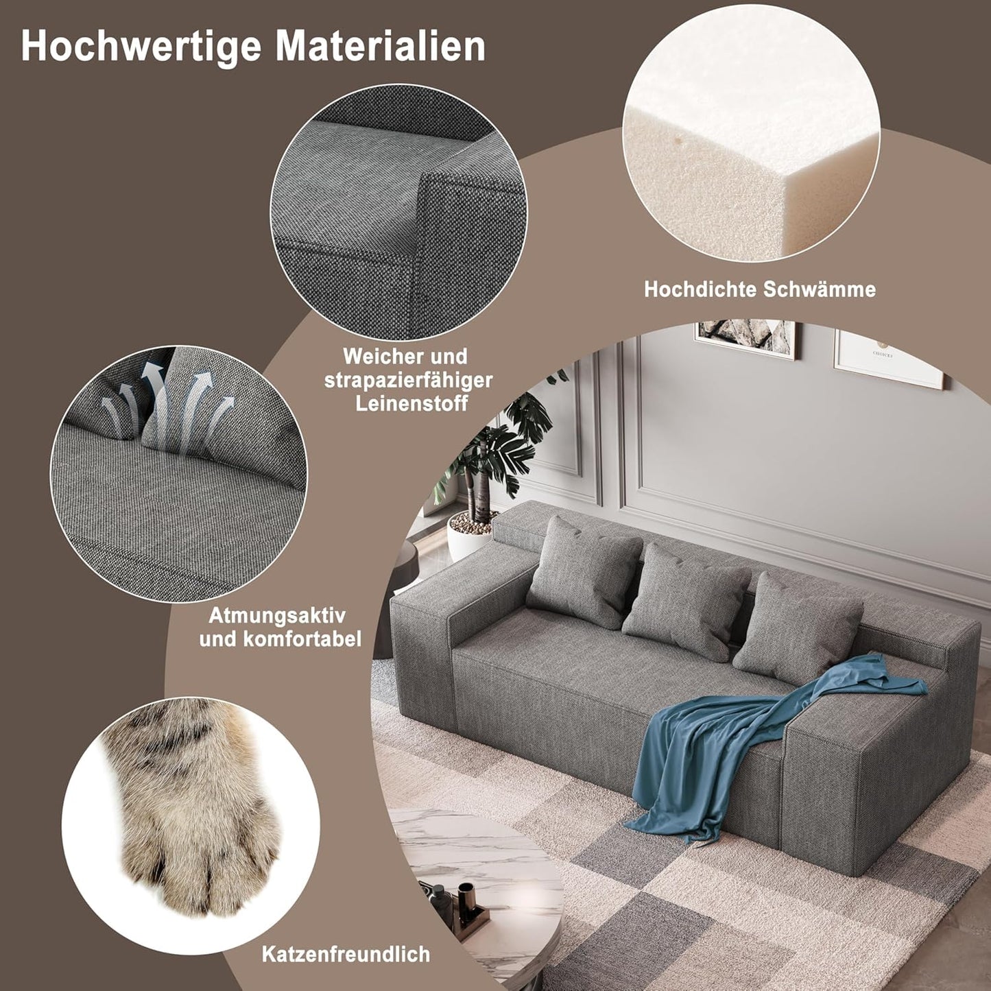 Modular Sectional Sofa, 3 Seater 105" Deep Seat Corduroy Lounge Sofa with Movable Cushions, Modular Couch for Small Spaces, Living Room, Bedroom, Apartment, Office - Gery