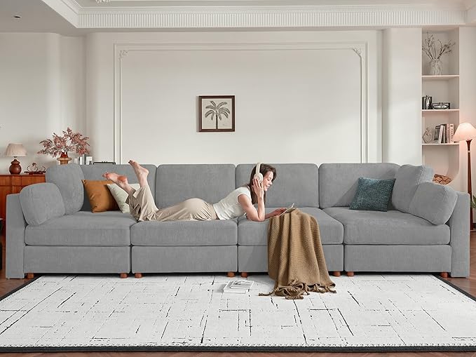 CUGOAO 118'' Modular Sectional Sofa, Oversized U-Shaped Sectional Couch with Ottoman, Deep Seat Chenille Cloud Couch, Mordern Upholstered Couches for Living Room, Apartment, Office, Grey