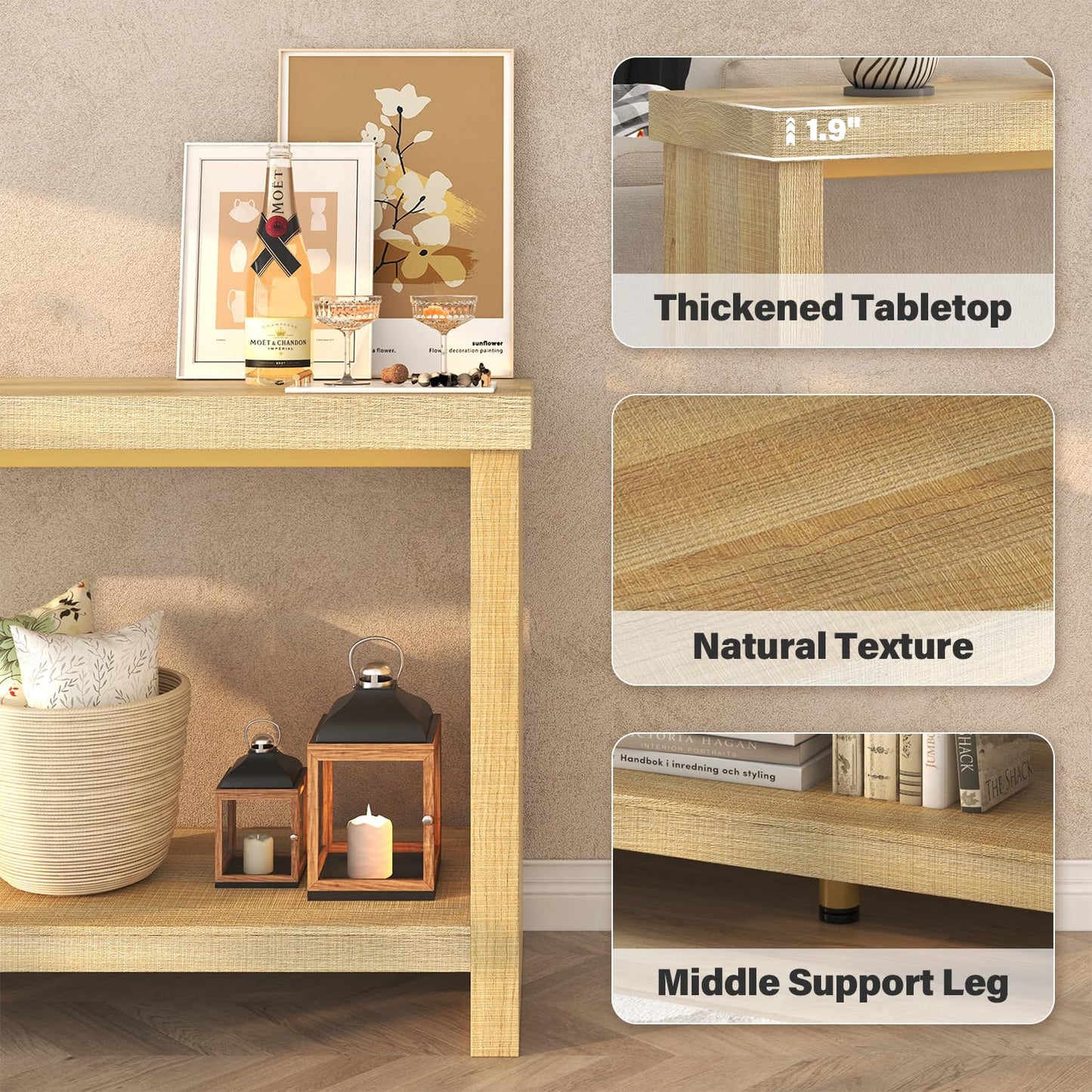 knoworld 63 Inches Narrow Console Table, 2-Tier Long Sofa Tables Behind Couch Table, Farmhouse Foyer Tables for Entryway, Hallway, Living Room, Oak Natural