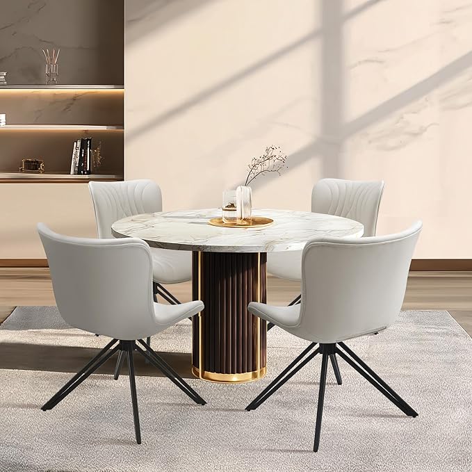 VATROS Dining Chairs Set of 2, 360° Swivel Upholstered Mid-Century Modern Kitchen Dining Room Chairs, Armless Faux Leather Accent Side Chair with Padded Back, Metal Legs for Living Room Bedrooms White