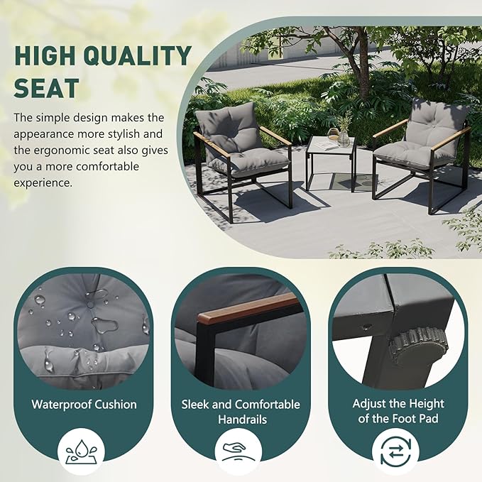 Ophelian 3 Piece Bistro Set Outdoor, Textilene Patio Furniture Set for 2, Apartment Balcony Furniture, Outdoor Chairs with Thick Cushion and Coffee Table,Black/Gray
