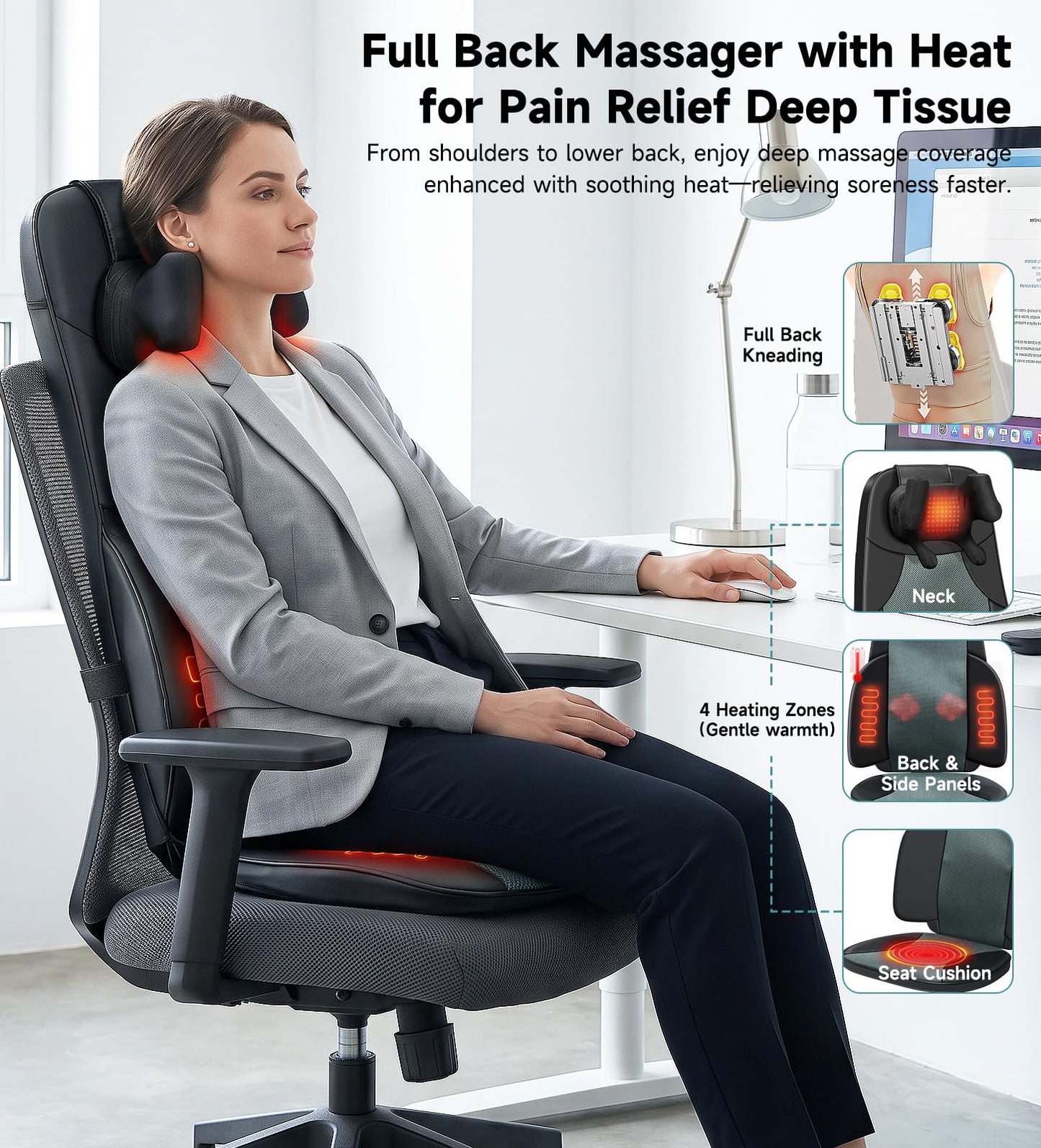 Back and Neck Massager for Chair with Heat, Shiatsu Shoulder Massage Seat Cushion with Finger-Grip Neck Kneading, Full Back Deep Tissue Rolling, Seat Pad, Adjustable Height, Office & Home Use, Black