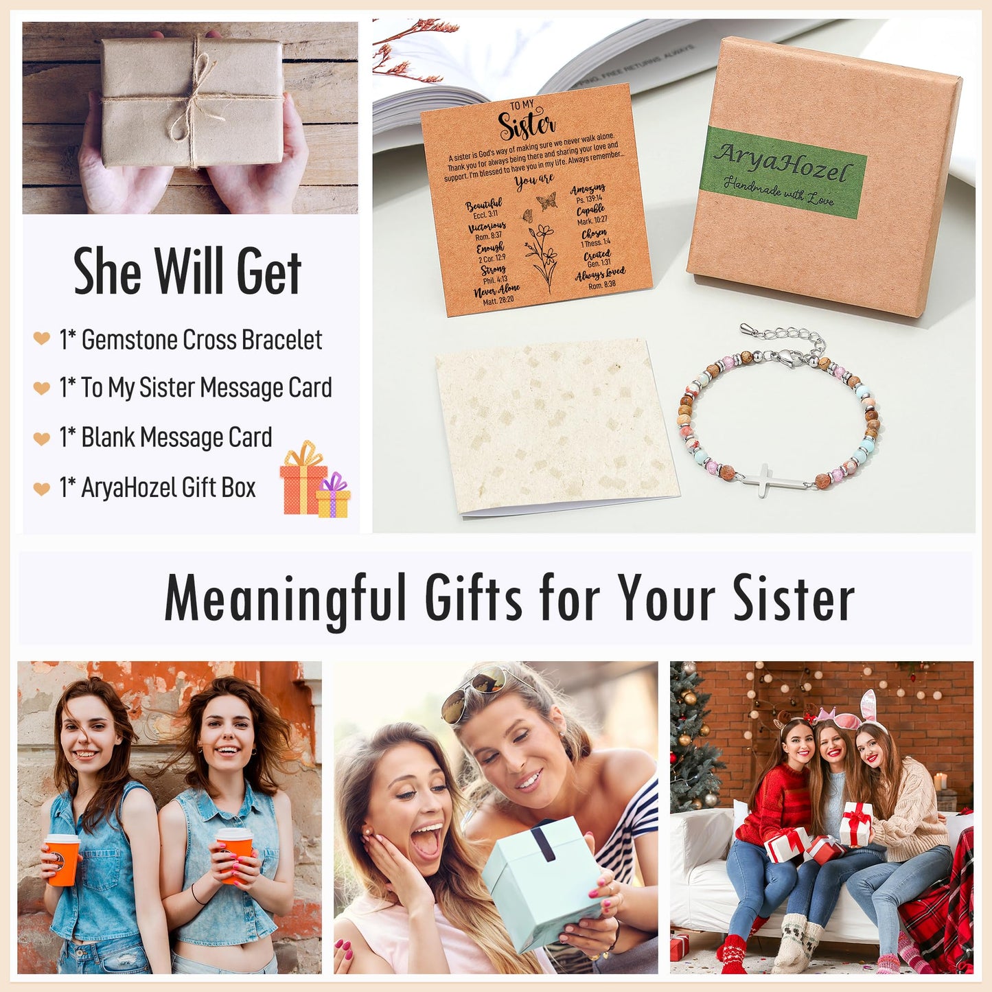 AryaHozel Sister Gifts, Cross Bracelet, Christian Bracelets for Women, Sister Birthday Gifts, Sisters Baptism Religious Jewelry Christmas Stocking Stuffers for Women Teens Teenager Little Big Sis