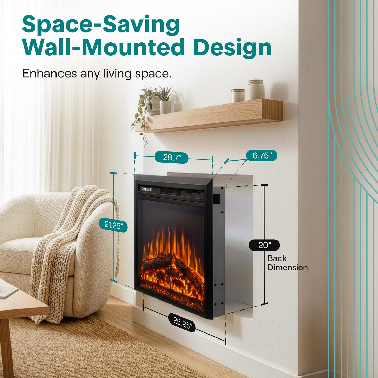 SereneLife Electric Fireplace Insert with Heater | Smart Wi-Fi App Control & Remote | 700W/1500W Adjustable Thermostat with Overheat Protection | 29"x21" Recessed or Wall Mount Design