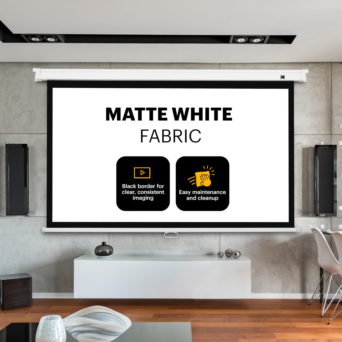 Kodak Manual Pull-Down White Projector Screen 80" Inch | Large 16:9 Office, Home Movie Theater Screen with Wall & Ceiling Mount Options, Easy-Clean Matte Fabric & Retractable Hanging Design | Indoor.