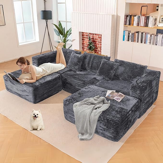 110 Modular Sectional Boneless Sofa with 2 Ottomans, Corduroy U-Shaped Modular Sectional Sofa, Convertible Cloud Couch with Deep Seats, No Assembly Required (Grey, 110" 3Seat+2 0ttoman)