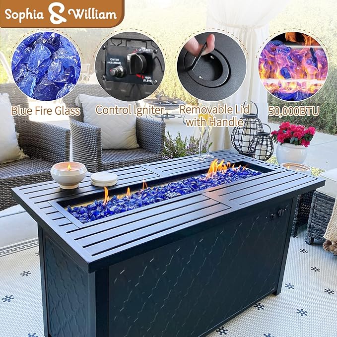 Sophia & William Patio Furniture Sets with 45" Gas Fire Pit Table for 7 Outdoor Conversation Sets 6 Pcs, 2 x Swivel Cushioned Sofa Chairs, 1x3-Seat Sofa, 2xOttomans for Backyard Poolside Navy