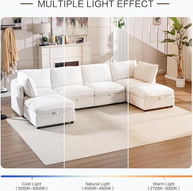125" Oversized Modular 6 Seater Sofa with Removable Covers and Storage, Convertible U, L-Shaped and Sleeper Sectional, Modern Corduroy Couches with Ottoman Chaise for Living Room, Apartment, White