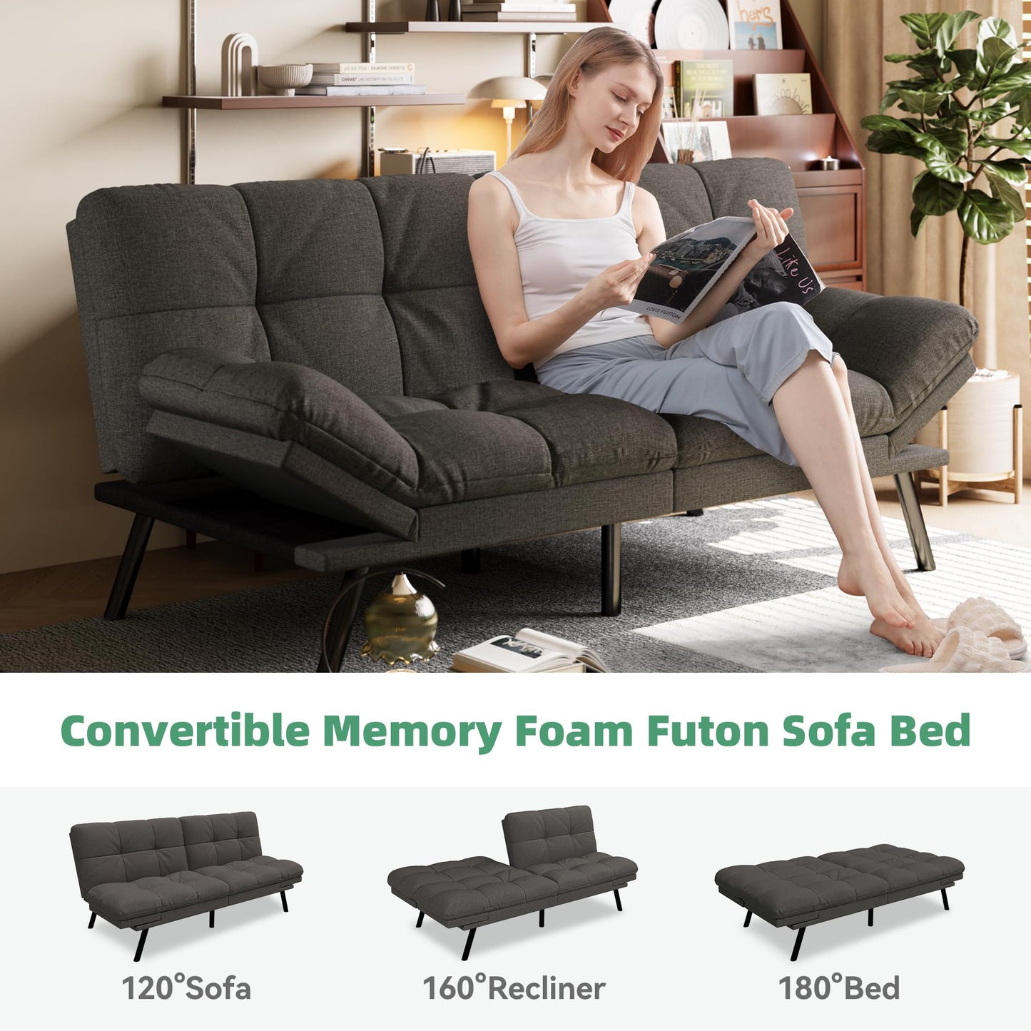 Opoiar Convertible Futon Sofa Bed,71" Memory Foam Futon Couch,Detachable Cushion,Adjustable Backrest & Armrest,Linen Modern Loveseat Sleeper Recliner for Living Room,Office,Apartment,Retro Grey