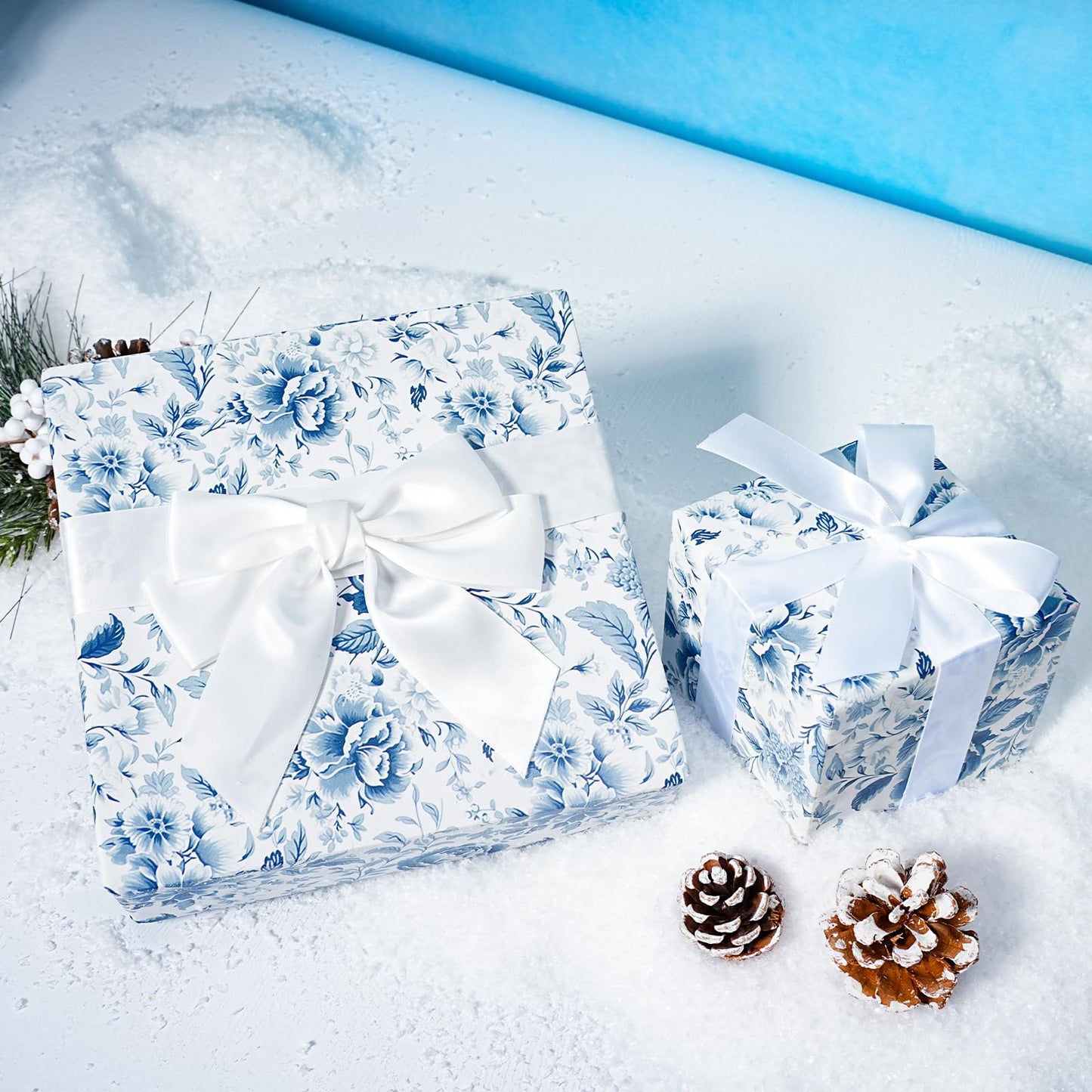BIOBROWN Floral Wrapping Paper Jumbo Roll - 30 Inch X 33 Feet (82.5 sq. ft. ttl.) Blue White Peony Design Chinoiserie Gift Wrap Stone Paper for Wedding, Bridal Shower, Mother's Day