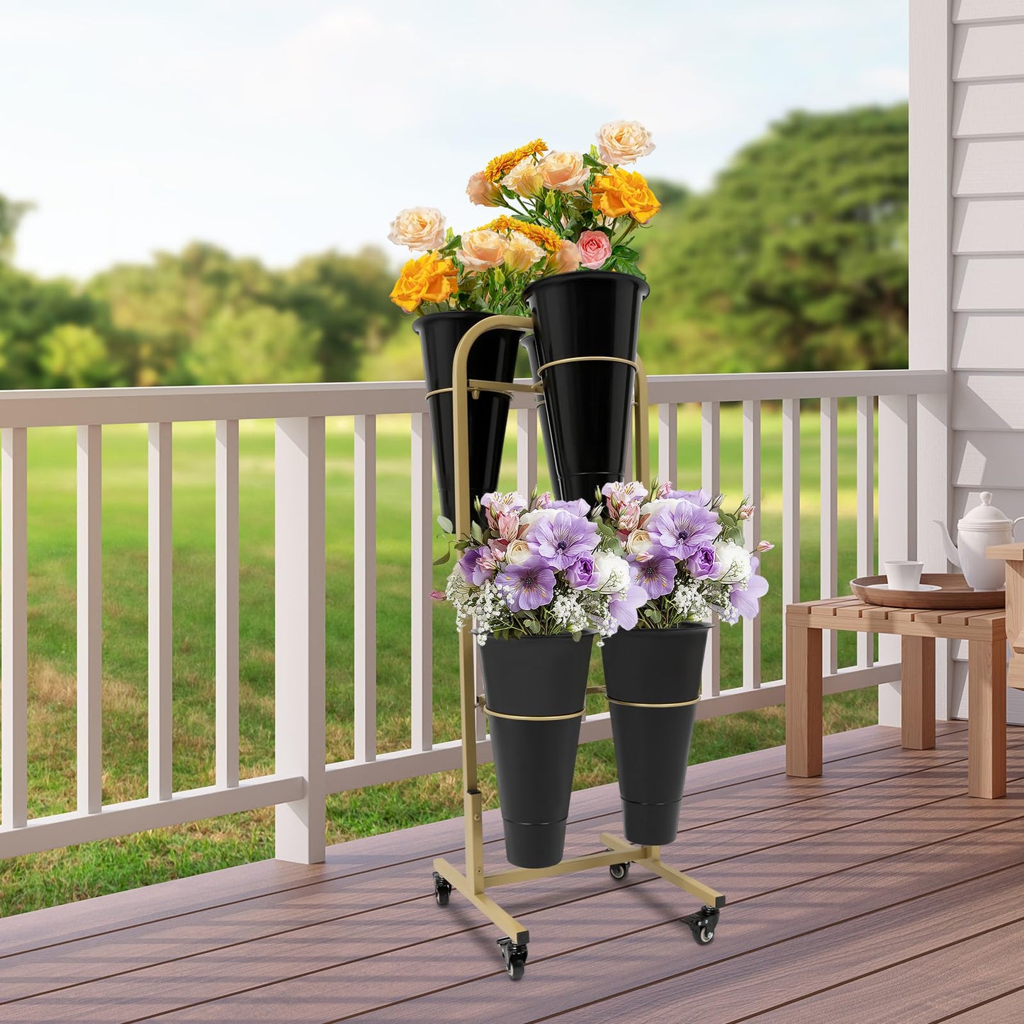 Fichiouy Mobile Flower Display Shelf with 6 Plastic Buckets, Rolling Heavy Duty Metal Plant Stand Flower Bucket Stand with Wheels,2 Tiers Flower Cart(Gold+Black)