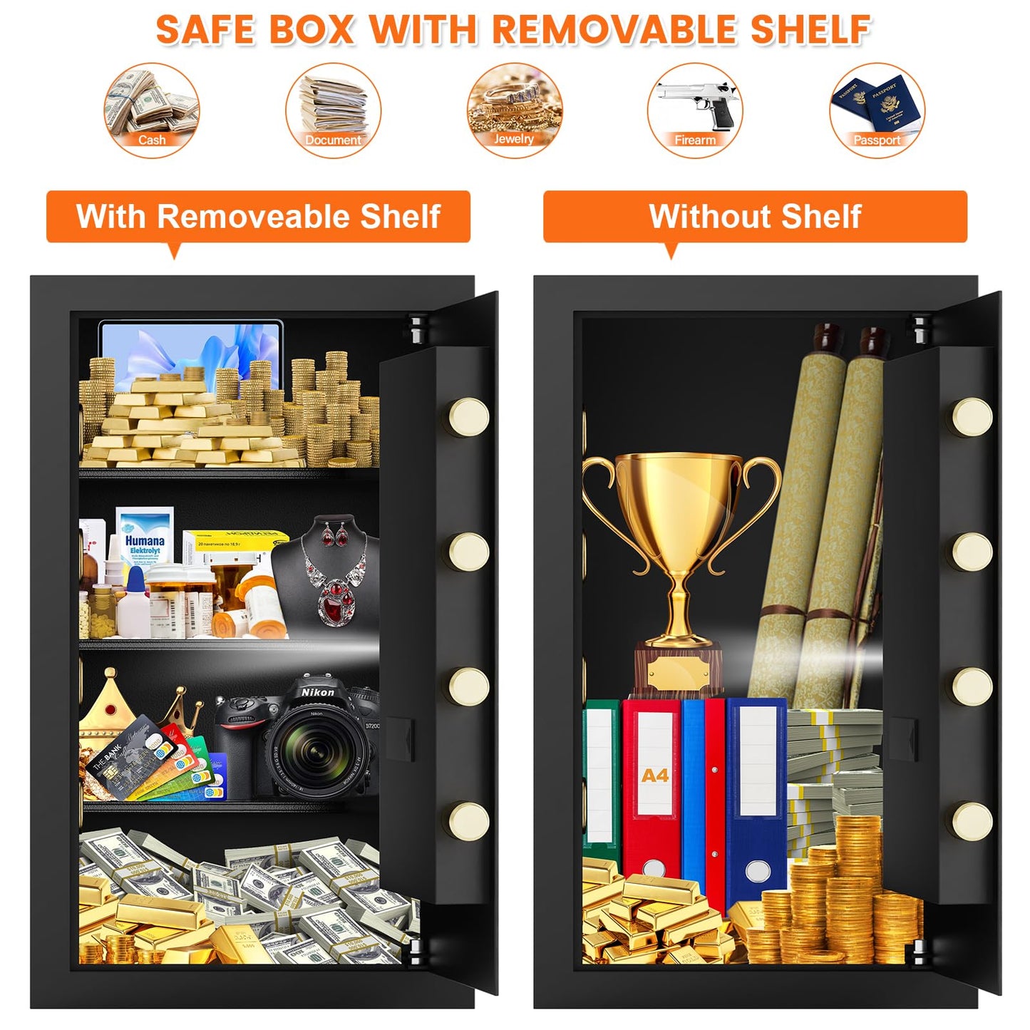7.0 cu ft Large Safe Box for Home & Office, 27.56"H Anti-Theft Safety Box with A4 Fireproof Waterproof Bag, Combination Lock & Removable Steel Shelf, Security Document Safe for Cash Passport Medicine