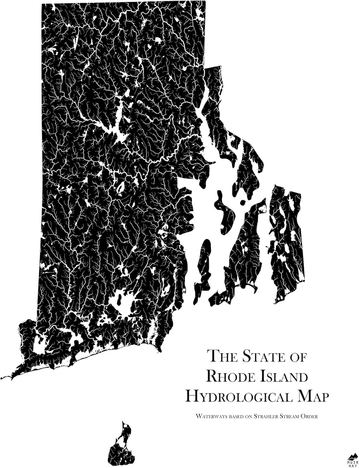 Muir Way Hydrological River Map of Rhode Island - Watershed Topographic Wall Art for Home, Office, or Travel Decor - Unframed Flat Paper Print, 24x30