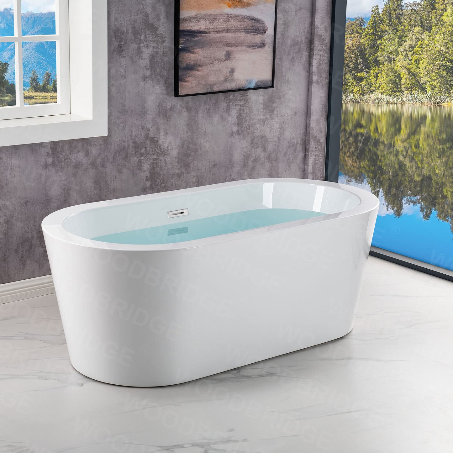 WOODBRIDGE 59" Acrylic Freestanding Bathtub Contemporary Soaking White Tub with Chrome Overflow and Drain, B0012 -C-Drain &O