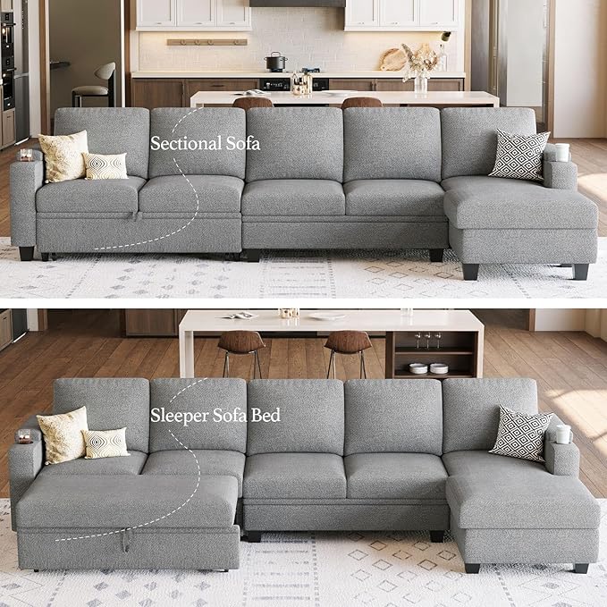 Belffin Modular Sectional Sleeper Sofa Bed with Storage Chaise L Shaped Sectional Couches for Living Room Armrest with Cup Holder. Light Gery Couch