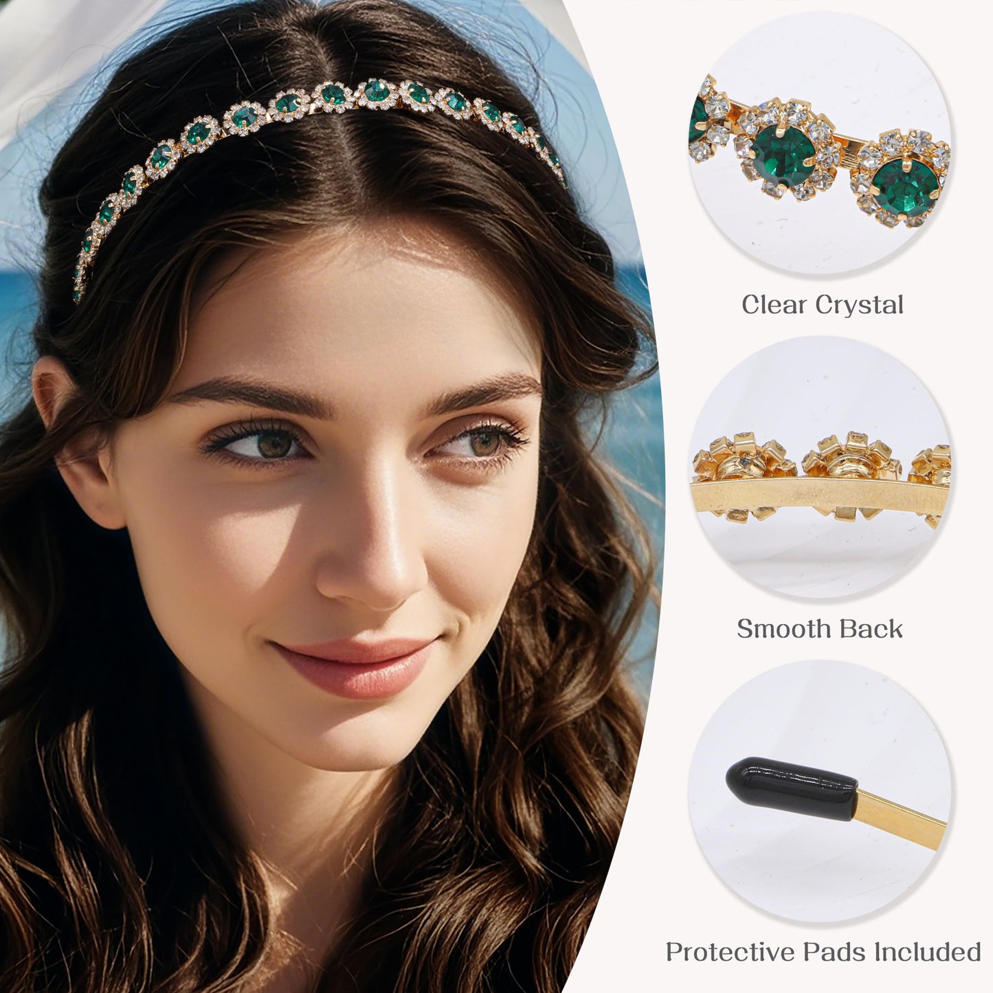 Ammei Headpiece Bridal Headband with Crystal, 5.5'', Metal, Green, Wedding Hair Accessories