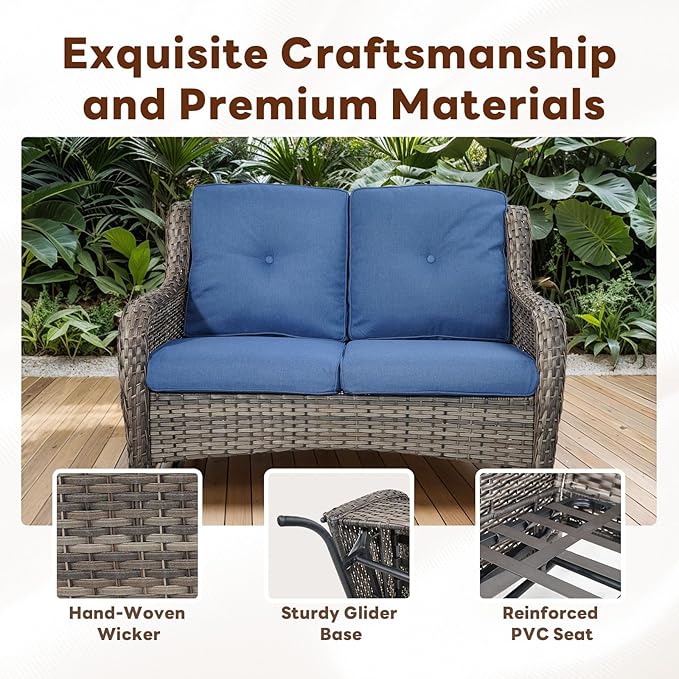Belord 5 Piece Outdoor Patio Furniture Set - Outdoor Conversation Couch and Loveseat Glider Chair Furniture Set with Rattan Coffee Table for Deck Balcony Poolside Gray Wicker/Blue Cushions