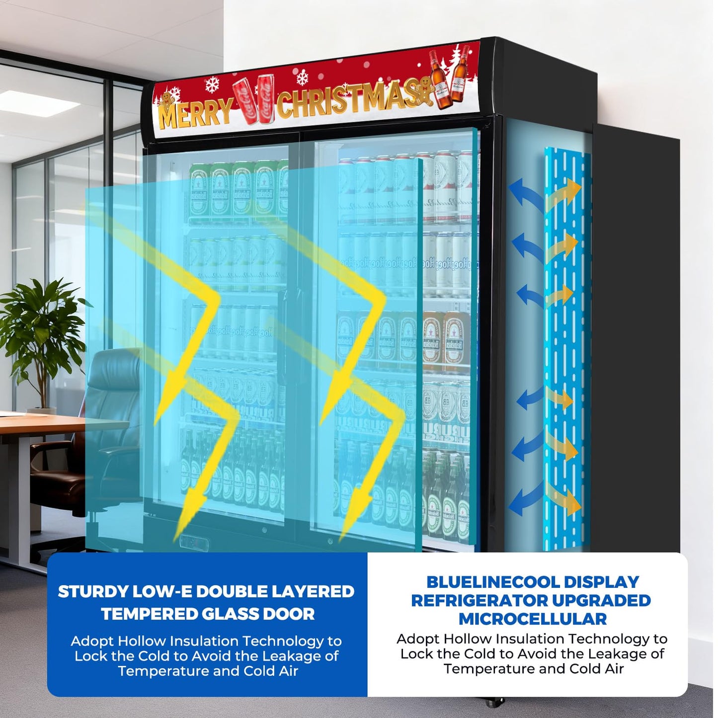 Bluelinecool 36 cu.ft Commercial Refrigerators with 2 Glass Door, Beverage Fridge with LED Light Display Upright Merchandiser, Drink Cooler with 8 Adjustable Shelves Black ETL Approved