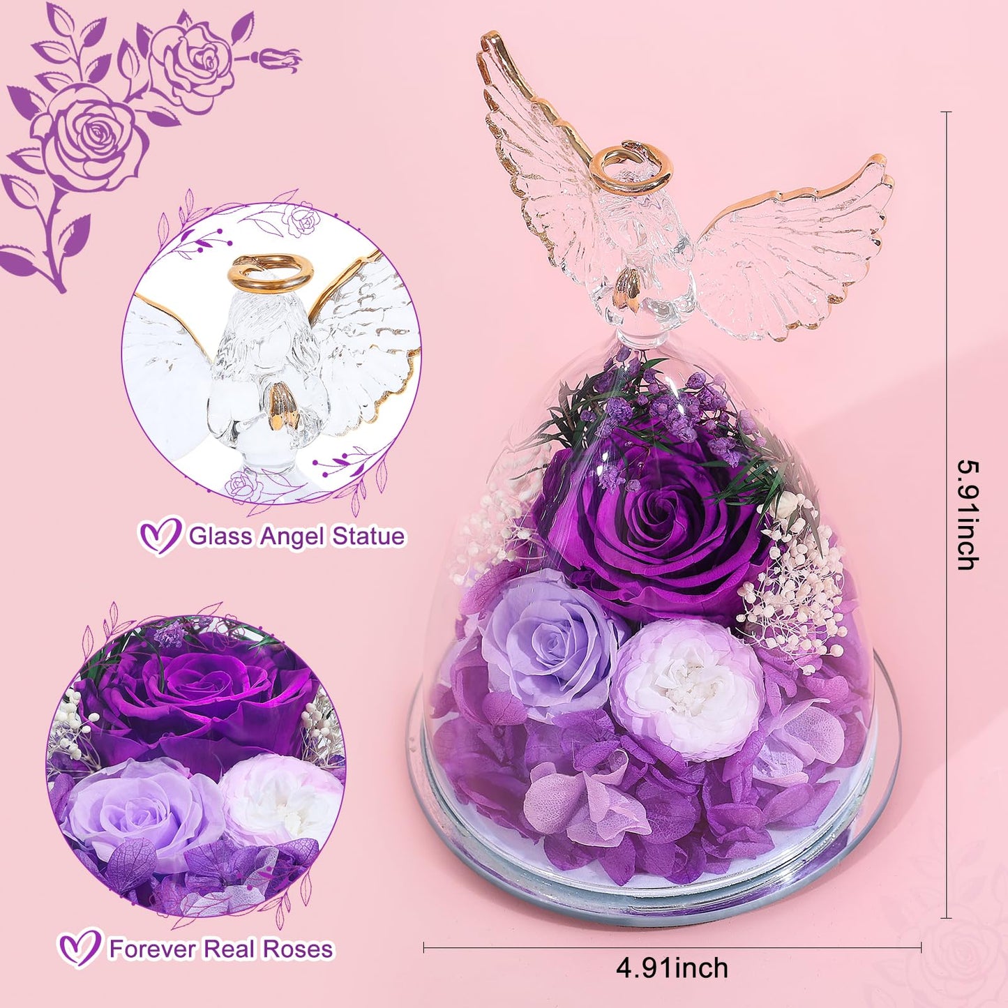 FIACO Gifts for Women Mom Preserved Rose Forever Flower in Glass Angel Figurine Fresh Flowers for Delivery Prime Birthday Gifts for Grandma Wife Sister Christmas Anniversary Eternal Purple Roses