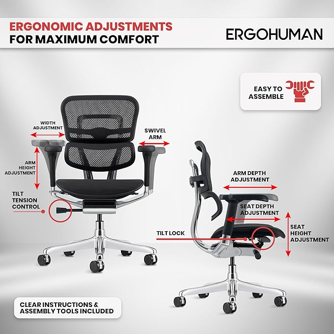 Ergohuman Eurotech ME8ERG GEN2 High Back Mesh Office Chair with Tilt Tension Control, Tilt Lock, Back Angle, Back Height, Synchro Tilt, Seat Height, Seat Depth, and Arm Height Adjustments, Black