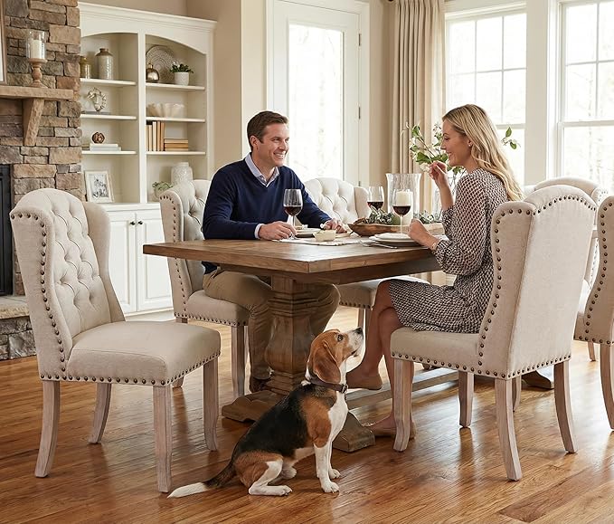 DUOMAY Modern Tufted Dining Chairs Set of 2, Linen Upholstered Dining Room Chairs Armless Guest Side Chair for Kitchen Dining Room, Wingback Accent Chairs with Solid Wood, Beige