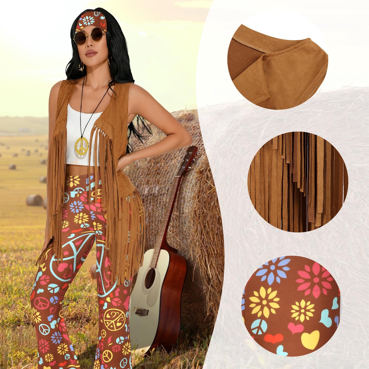 GERVAISE Womens 60s 70s Outfit Disco Hippie Costume Fringe Vest Boho Pants Accessories Set (Brown, Medium)