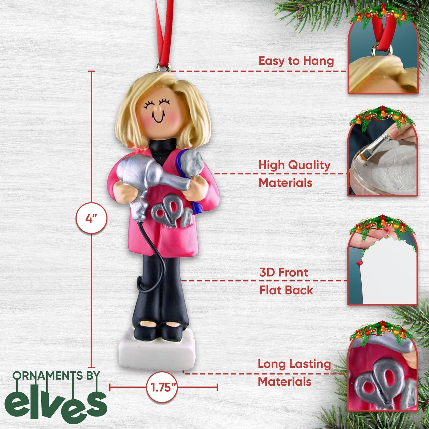 Personalized Hairdresser Ornament 2025 | Custom Name & Year | Blonde Stylist Holding Hairdryer & Scissors – Unique Xmas Tree Keepsake Gift for Hair Stylist, Beautician, Salon Lover, Hair Dresser Decor