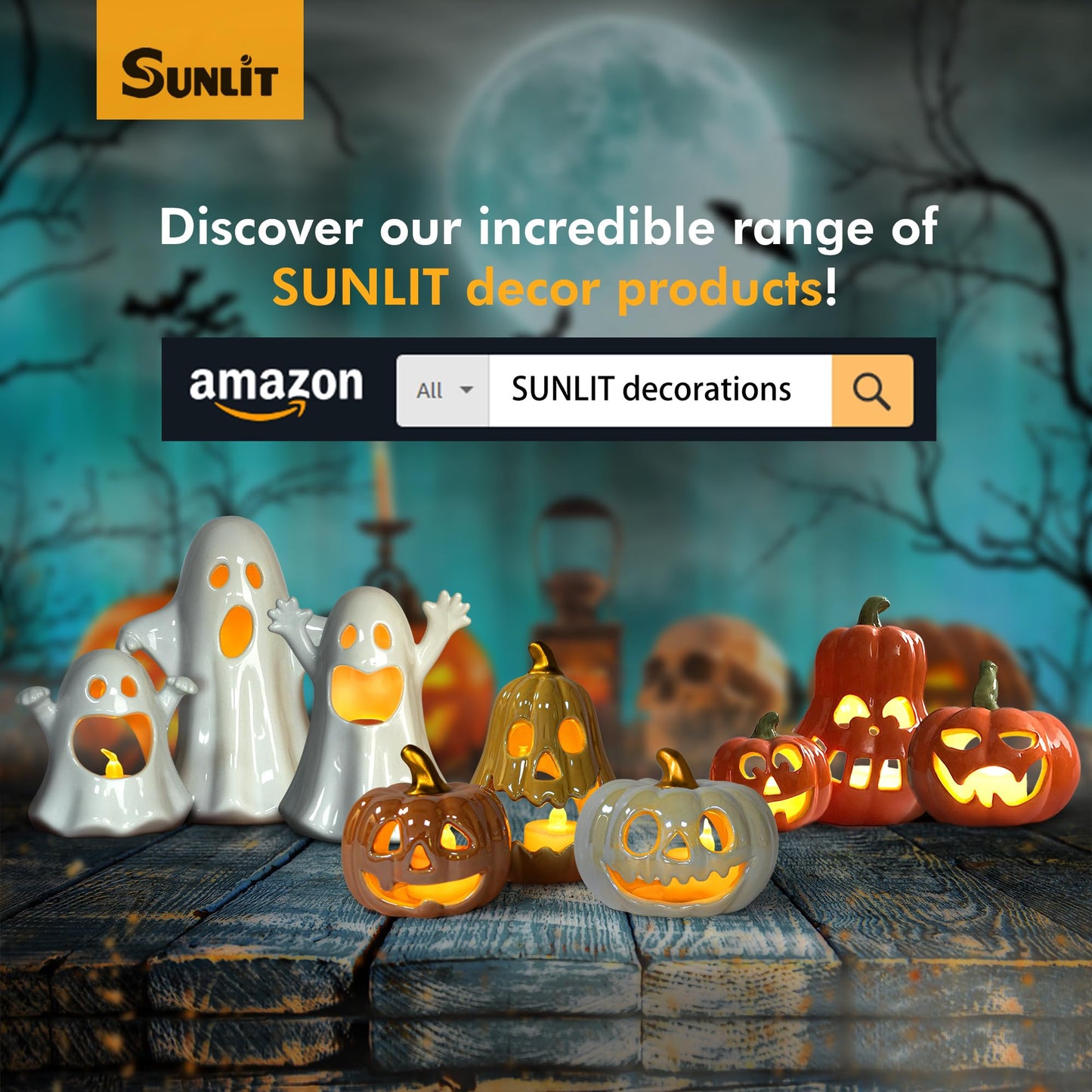 Sunlit Ceramic Pumpkin with 3 Tea Lights, Jack-O-Lantern Candle Holder Set of 3, Tabletop Indoor Halloween Decorations for Holiday Party Home, Pearl Finish