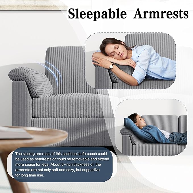 Meilocar Sectional Sofa Couch for Living Room, 79" Sectional Couches with Storage Ottoman, L Shaped Couch with Sloping Armrests Side Storage Pockage, 3-Seat Sofa Couches for Small Space, Light Grey