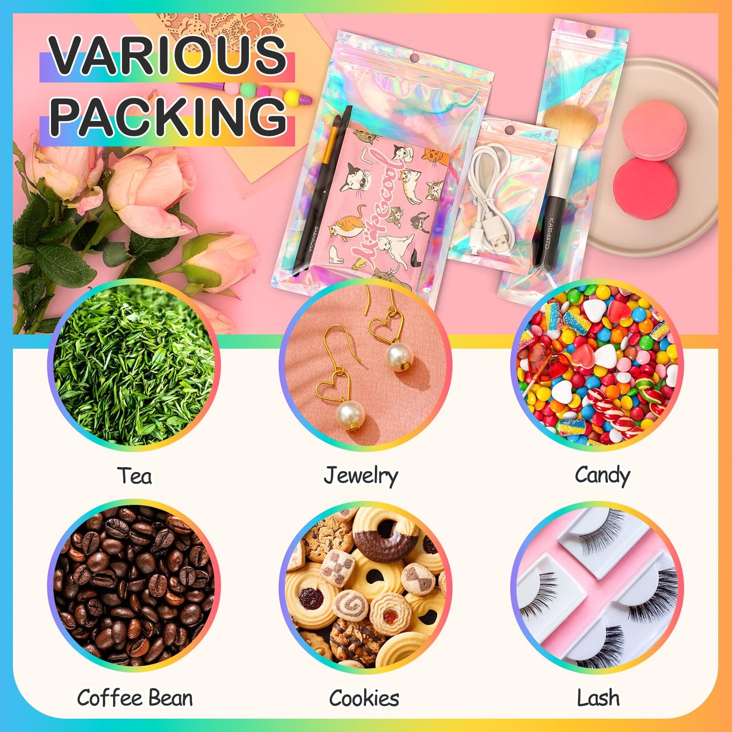Funfery 6.3x9.4in Smell Proof Holographic Resealable Bags,Mylar Foil Bags with Zipper,Iridescent Party Favor Bag for Goodies,Candy,Treat,Clear Packaging Bag for Food Storage,Business Supplies-50pcs