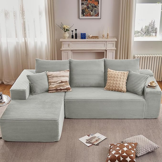 107" W Cloud Sectional Couch with L-Shape Chaise, Modern Corduroy Boneless Couch for Living Room,Memory Foam Sofa with Deep Seat,No Assembly Required (Grey,Left-Facing Chaise)