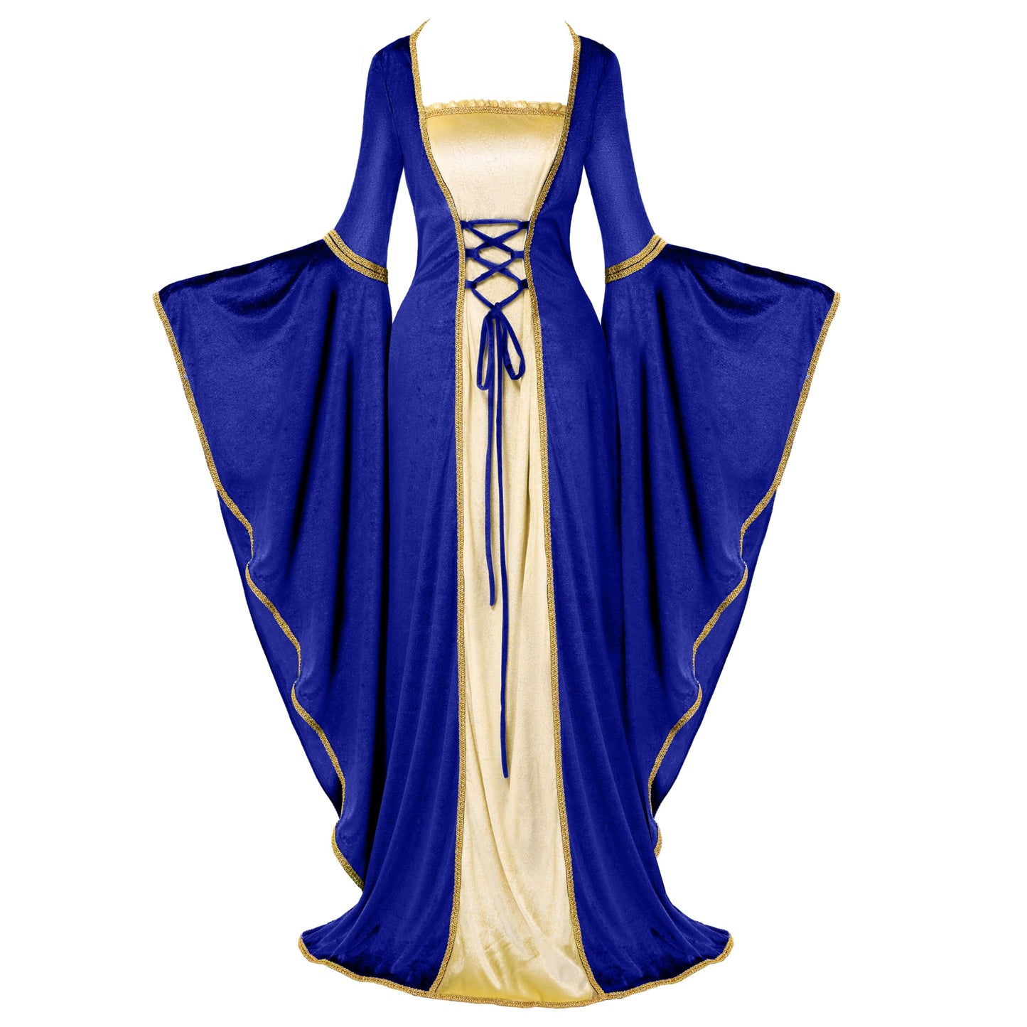 Spooktacular Creations Renaissance Costume Women, Blue Velvet Medieval Dress for Women, Irish Fairy Renaissance Dress with Decorated Lace for Wedding, Halloween Cosplay Themed Party (X-Large)