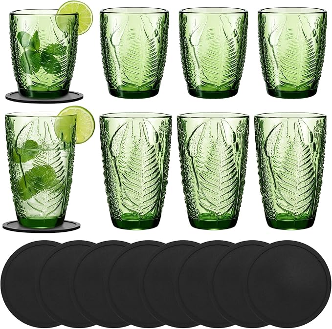 Ferrochef Green Drinking Glasses Set of 8 with Coasters 10 &12 oz Vintage Fern Leaves Textured Green Glass Cups Boho Aesth...