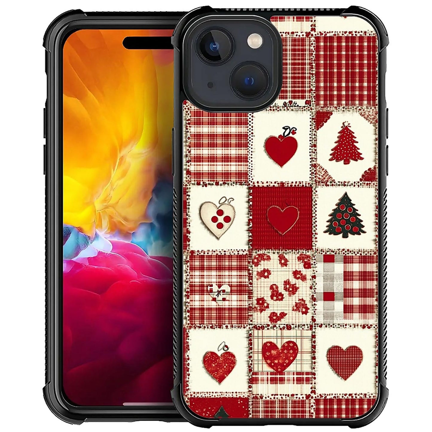 XUANWENPA for iPhone 15 Case,The Black Shell Design is Bright,Anti Drop and Dust-Proof,Christmas Tree and Checkered Heart.