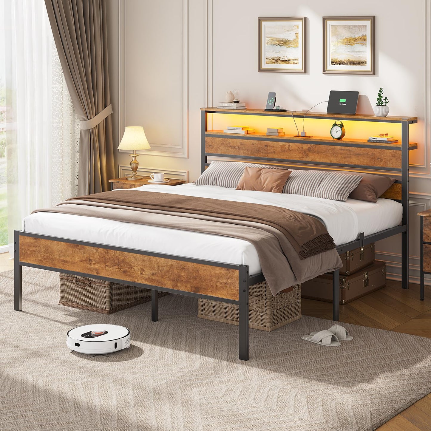 Hasuit Full Bed Frame with Headboard, LED Lights and Charging Station, Metal Platform Bed Full Size with Heavy Duty Slats, Under Bed Storage, Fast Assembly, No Box Spring Needed, Noise Free