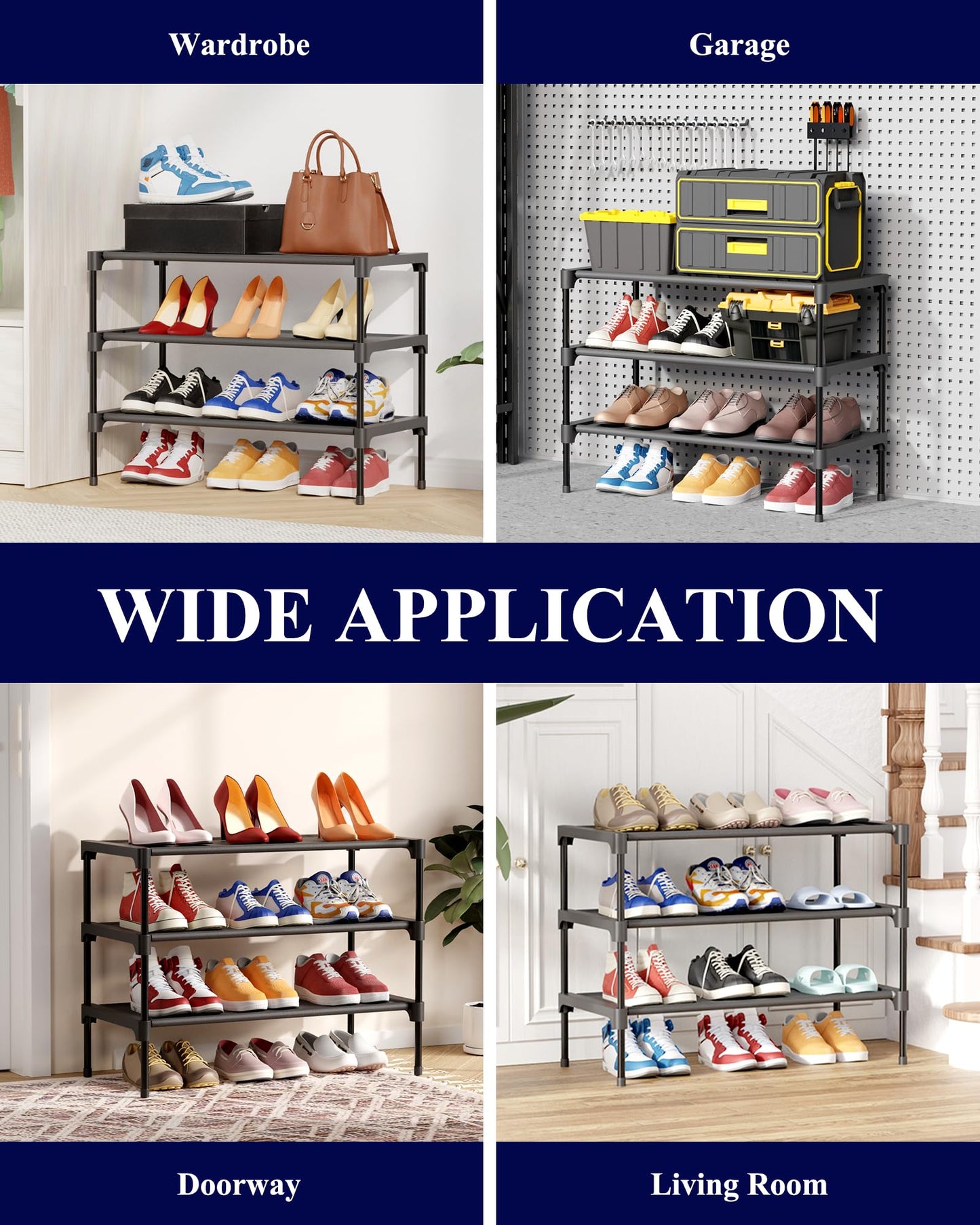 Kitsure Shoe Rack - Premium Non-Woven Shoe Rack Shelf, Shoe Organizer for Closet, Entryway, Garage & Corridor, Sturdy & Durable Long Stackable Shoe Shelves, Medium, Black