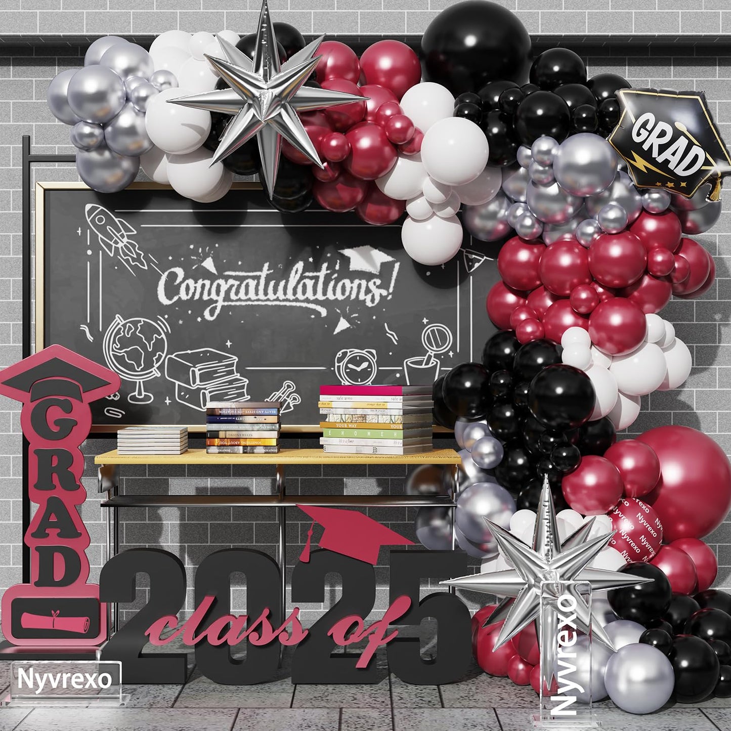 Graduation Party Balloon Arch Garland Kit, 138PCS Burgundy White Silver Black Balloons Explosion Star Foil Balloons for Class of 2025 Graduation Birthday So Proud Of You Decorations