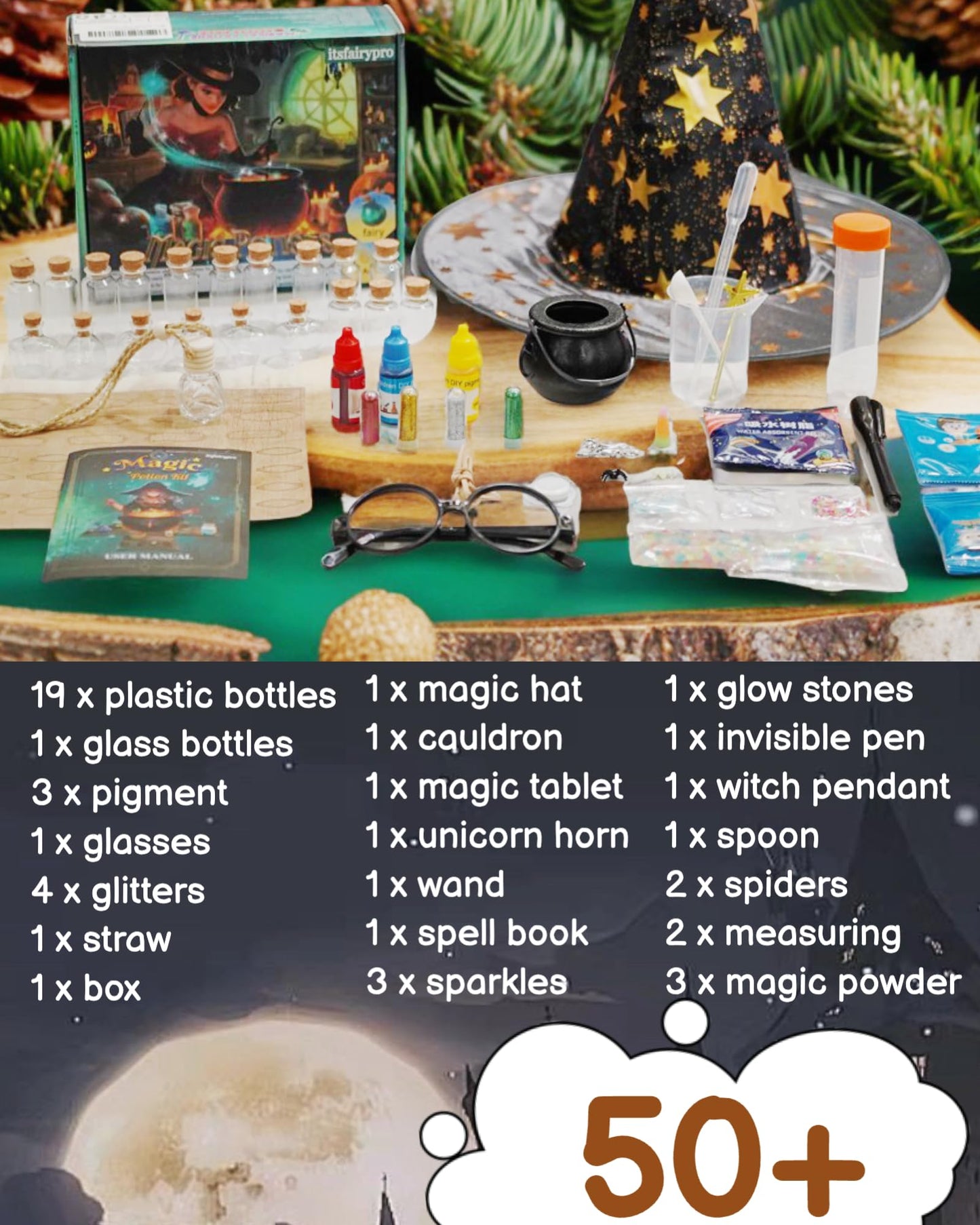 itsfairypro Potion Kits for Kids, Magic Making Set 50+ Mixies with Bottles Hat Glasses & Invisible Pen, Mystery Box Fairy Tricks Craft Toy for Girls Boy Gifts Age 6 7 8 9+