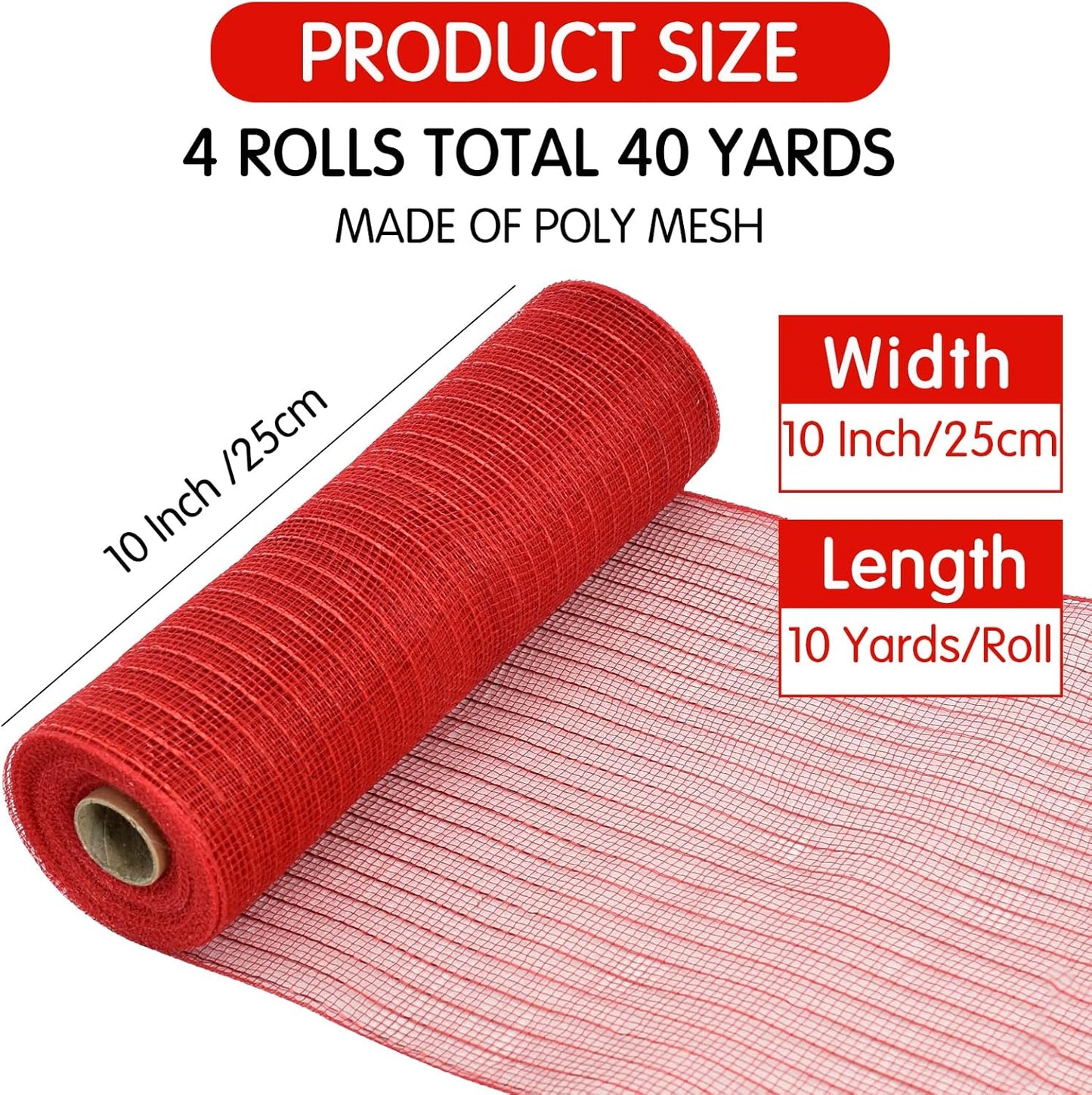 TONIFUL 4 Roll 10 Inch Red Striped Decorative Mesh Ribbon Rolls, Fabric Mesh with Foil for Wreaths Front Door Decor Christmas Festival Party Accessories Party Decoration Supplies (10yds/roll