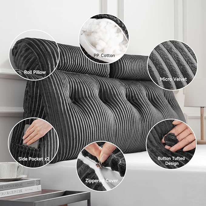 Z-hom King Size Wedge Headboard Pillow with 2 Roll Cushions, Large Reading Pillow for Bed Sitting Up, Triangular Backrest Cushion for Headboard, Supportive Pillow for Back Pain Relief, Grey